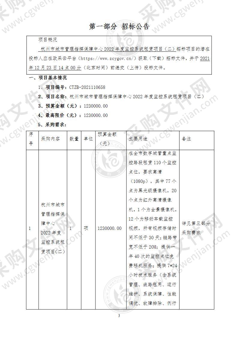 杭州市城市管理指挥保障中心2022年度监控系统租赁项目（二）