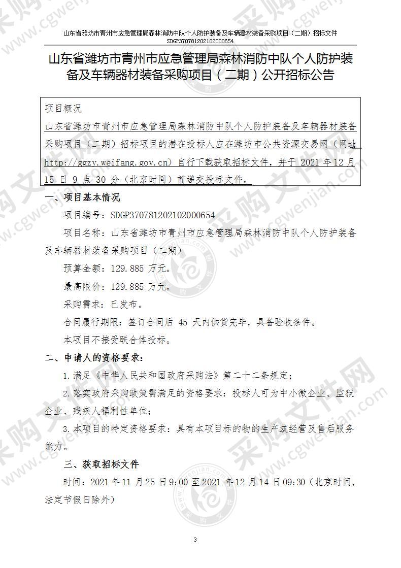 山东省潍坊市青州市应急管理局森林消防中队个人防护装备及车辆器材装备采购项目（二期）