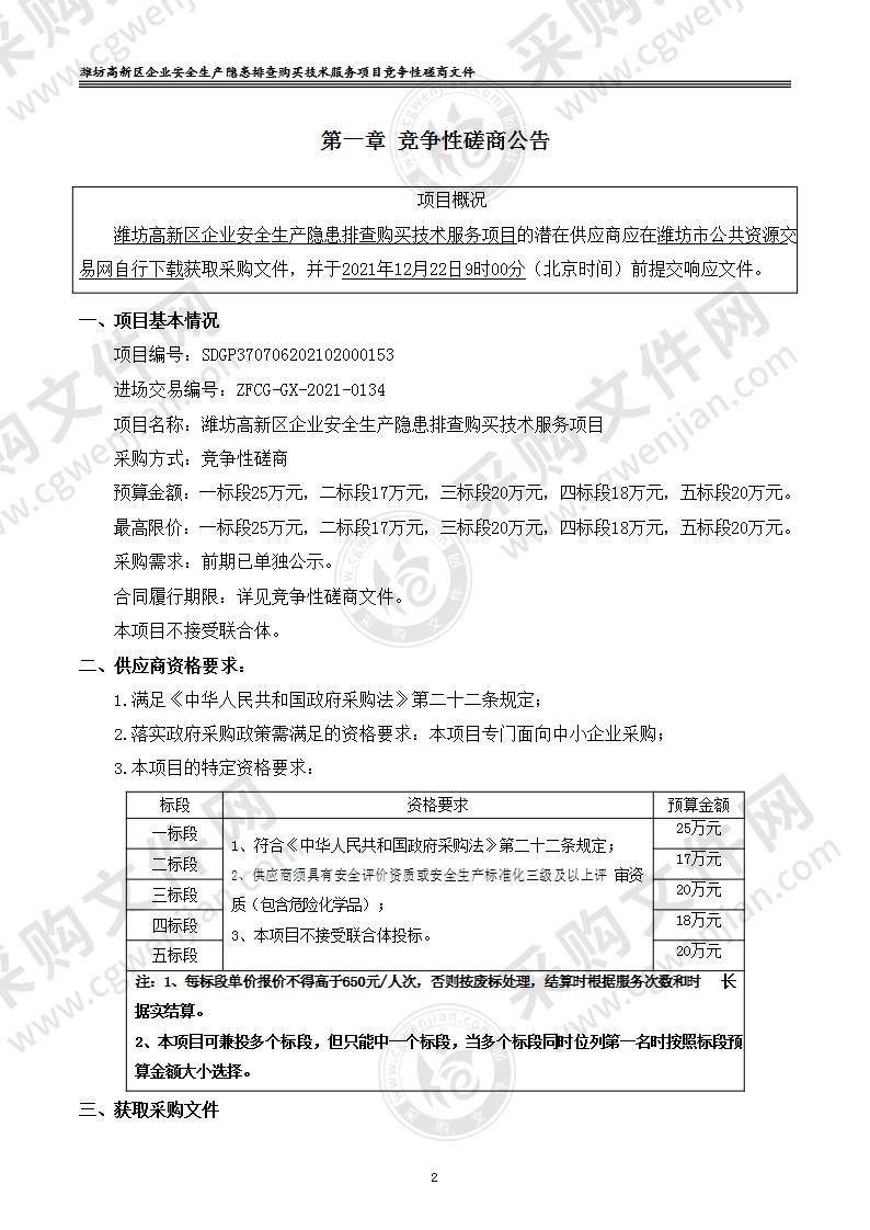 潍坊高新区企业安全生产隐患排查购买技术服务项目