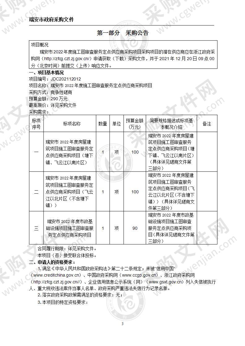 瑞安市2022年度施工图审查服务定点供应商采购项目