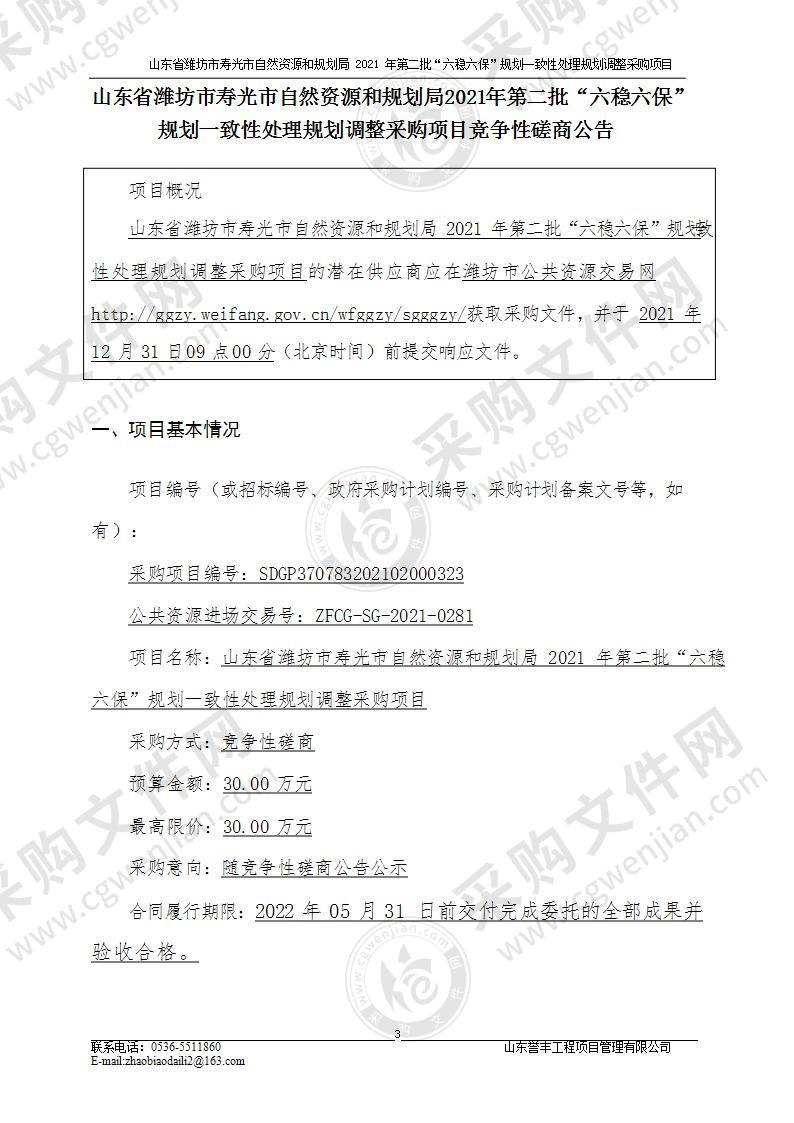 山东省潍坊市寿光市自然资源和规划局2021年第二批“六稳六保”规划一致性处理规划调整采购项目