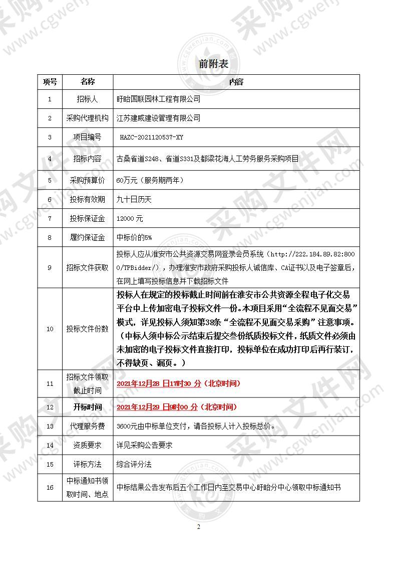 古桑省道S248、省道S331及都梁花海人工劳务服务采购项目