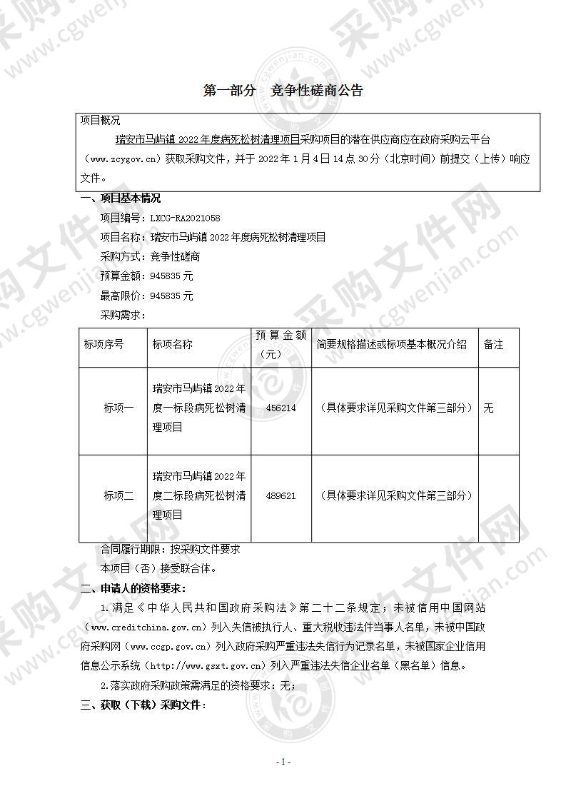 瑞安市马屿镇2022年度病死松树清理项目