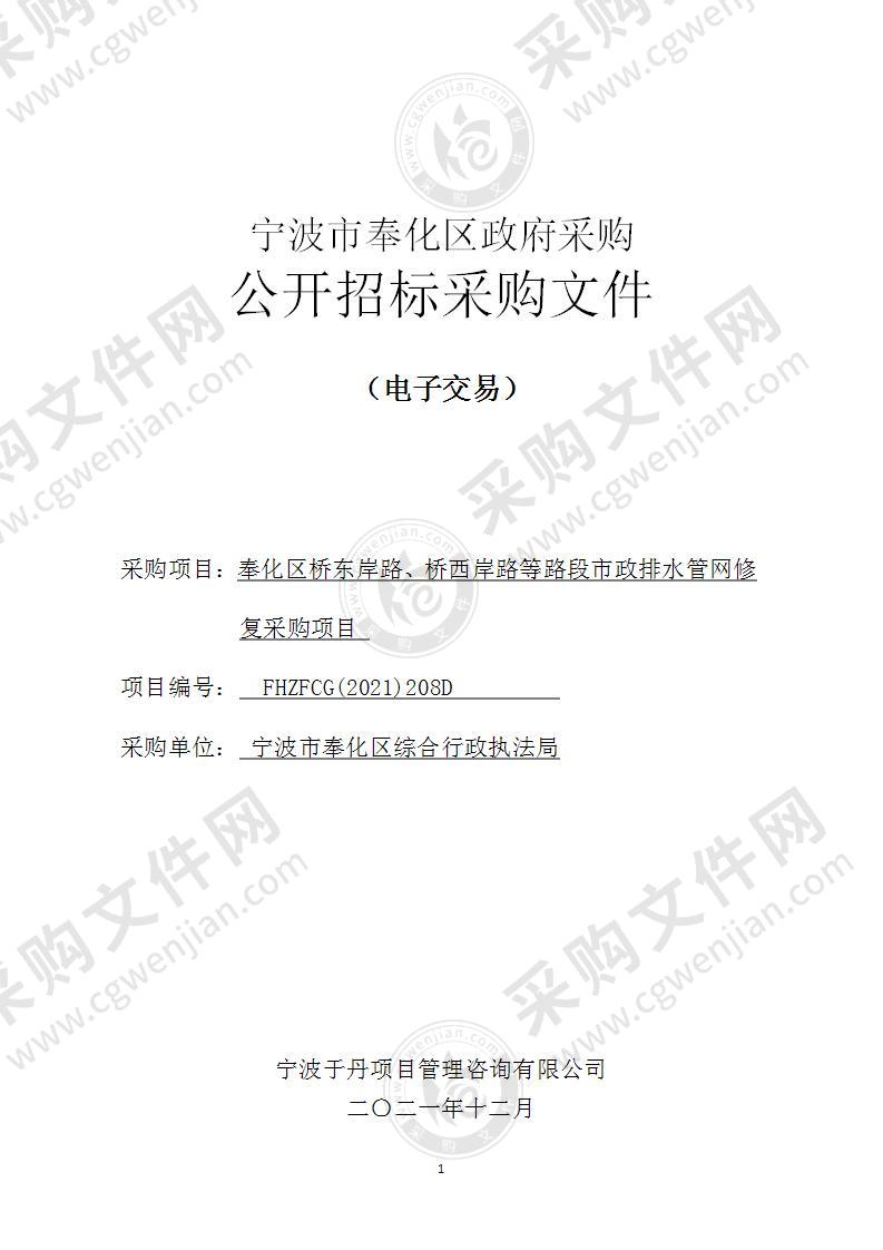 奉化区桥东岸路、桥西岸路等路段市政排水管网修复采购项目