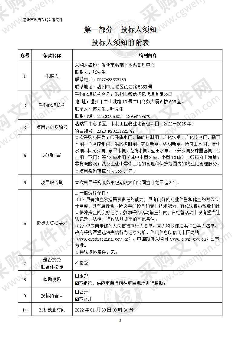 温瑞平中心城区片水利工程物业化管理项目（2022—2025年）