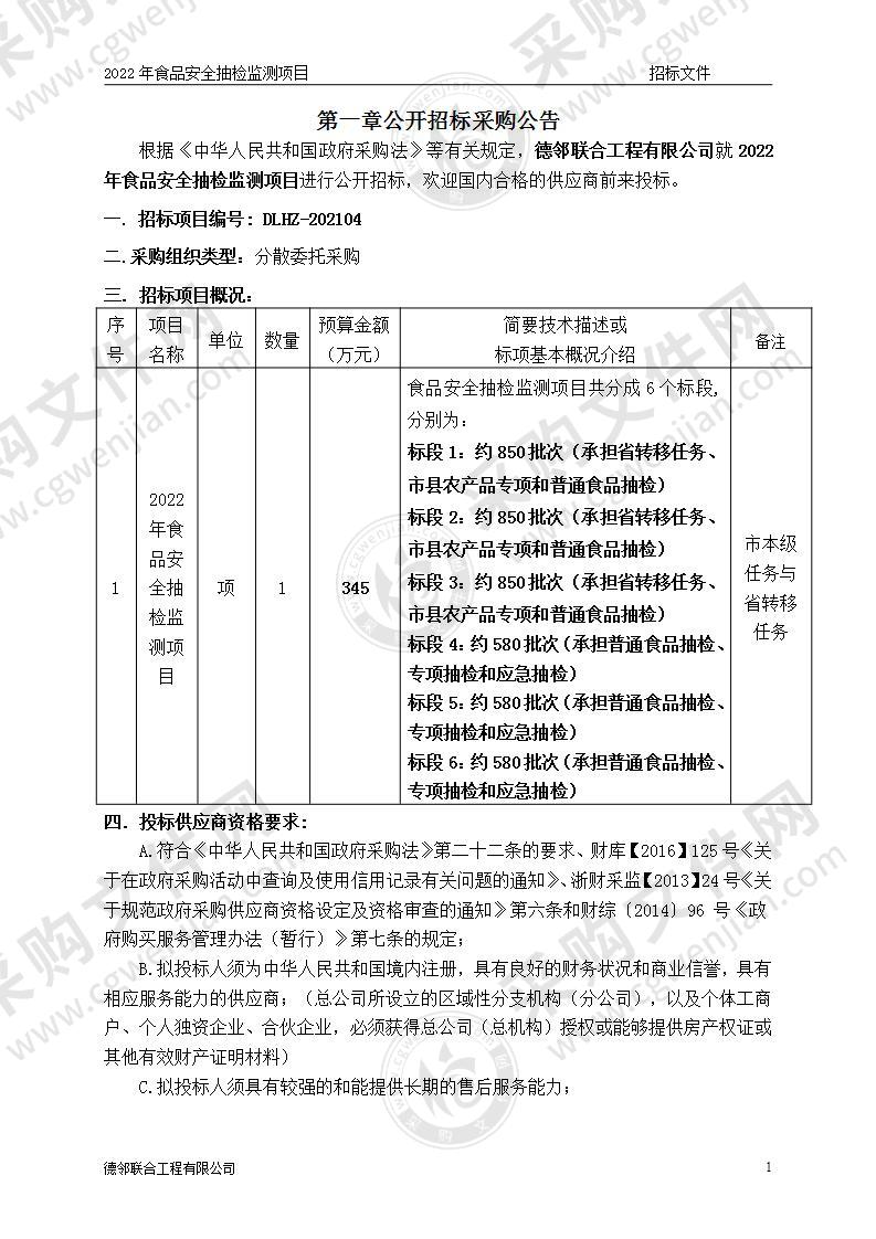 2022年食品安全抽检监测项目