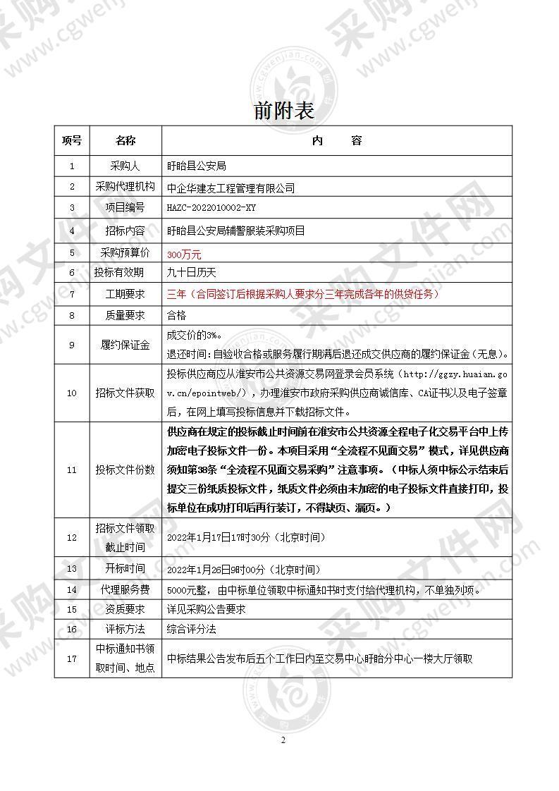 盱眙县公安局辅警服装采购项目