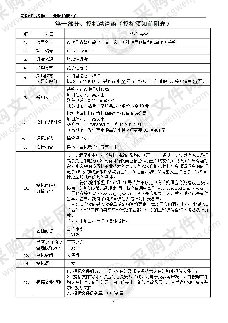 泰顺县省级财政“一事一议”奖补项目预算和结算服务采购