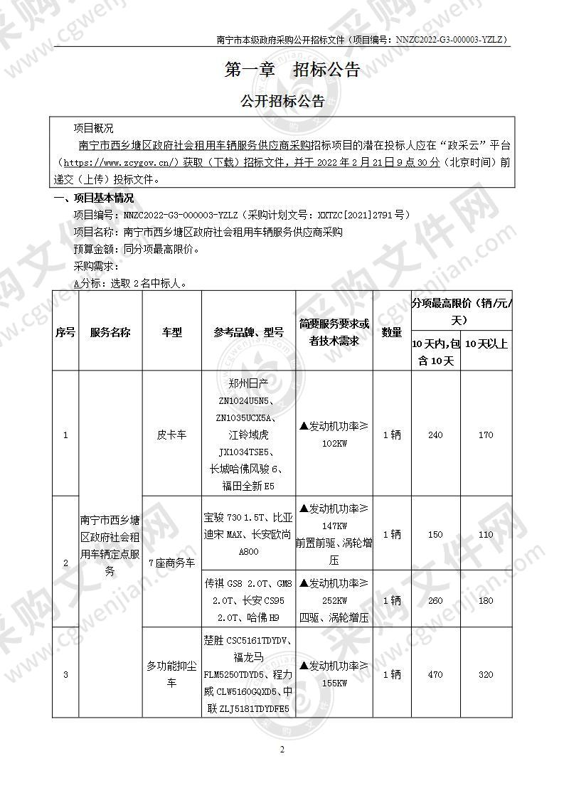 南宁市西乡塘区政府社会租用车辆服务供应商采购