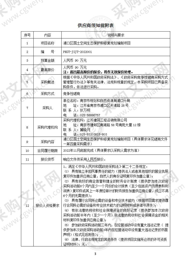 浦口区国土空间生态保护和修复规划编制项目