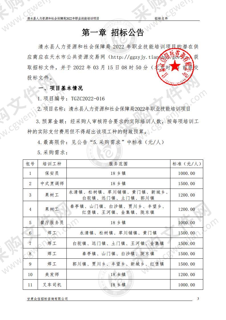 清水县人力资源和社会保障局2022年职业技能培训项目