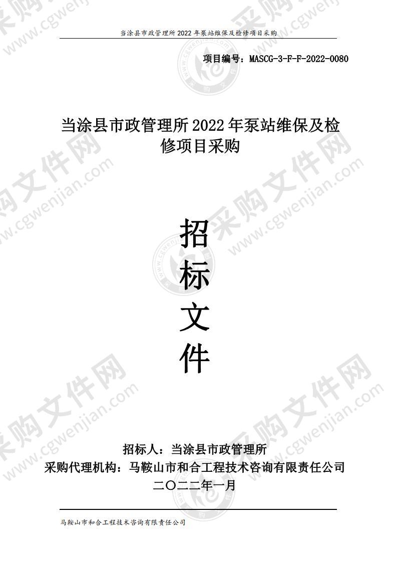 当涂县市政管理所2022年泵站维保及检修项目采购