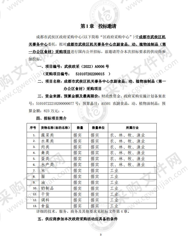 成都市武侯区机关事务中心农副食品，动、植物油制品（第一办公区食材）采购项目