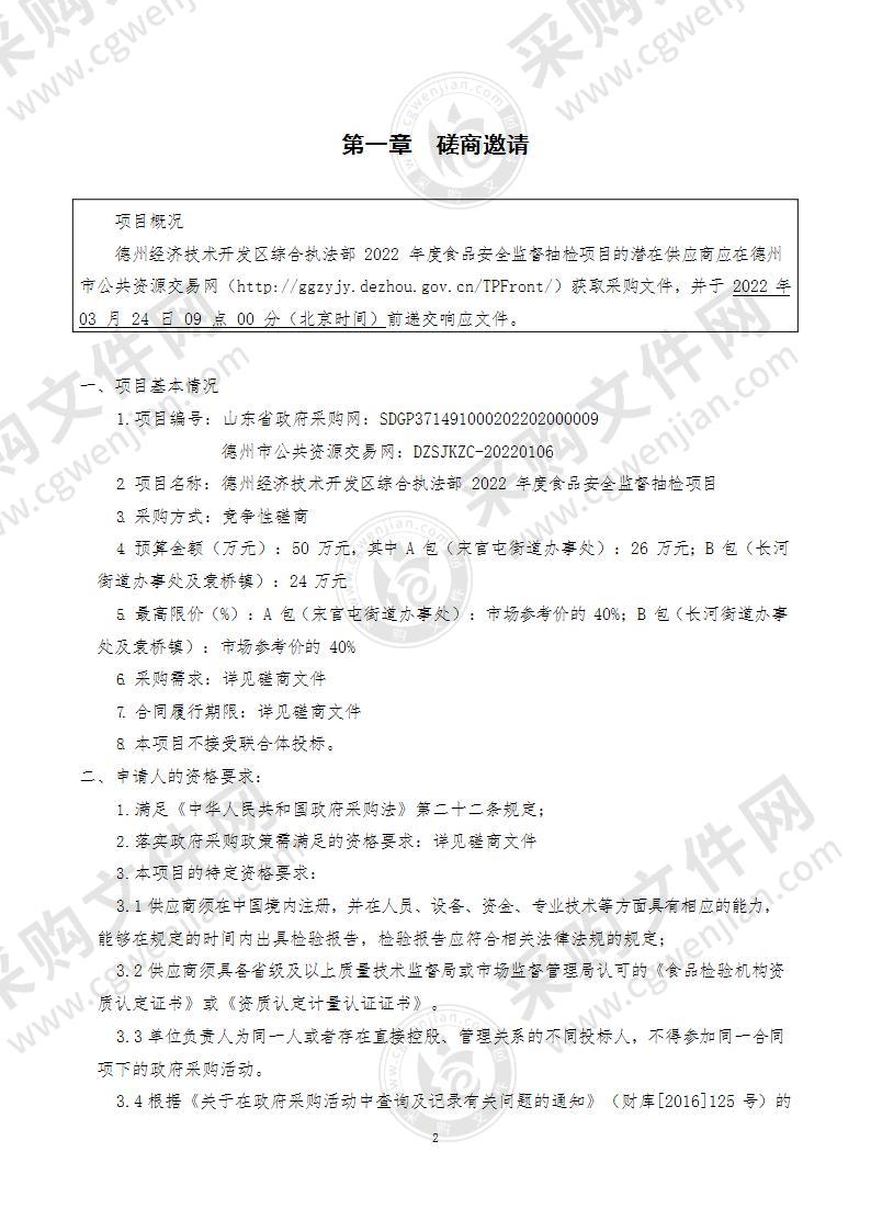 德州经济技术开发区综合执法部2022年度食品安全监督抽检项目