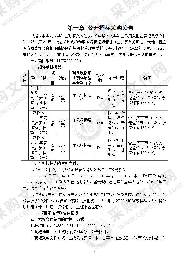 路桥区2022年度生产、流通、餐饮环节食品安全监督抽检服务项目