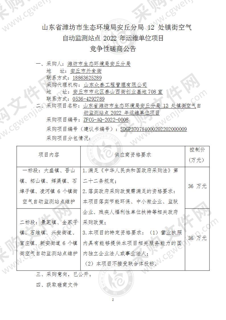 山东省潍坊市生态环境局安丘分局12处镇街空气自动监测站点2022年运维单位项目