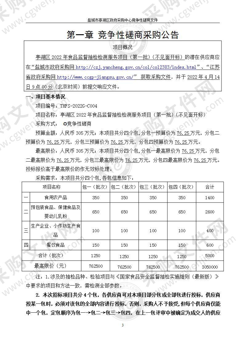 亭湖区2022年食品监督抽检检测服务项目（第一批）