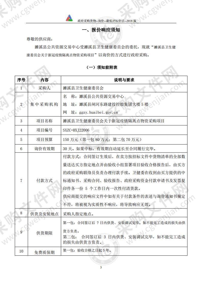 濉溪县卫生健康委员会关于新冠疫情隔离点物资采购项目