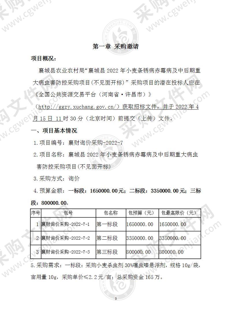 襄城县2022年小麦条锈病赤霉病及中后期重大病虫害防控采购项目