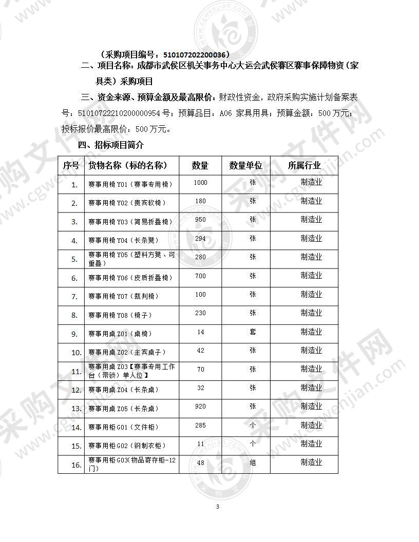 成都市武侯区机关事务中心大运会武侯赛区赛事保障物资（家具类）采购项目