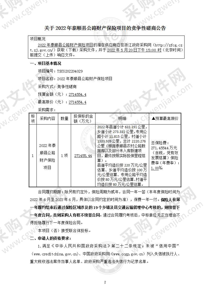 2022年泰顺县公路财产保险项目