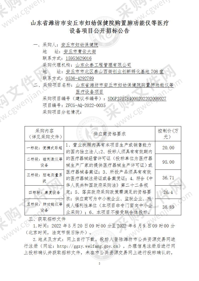 山东省潍坊市安丘市妇幼保健院购置肺功能仪等医疗设备项目