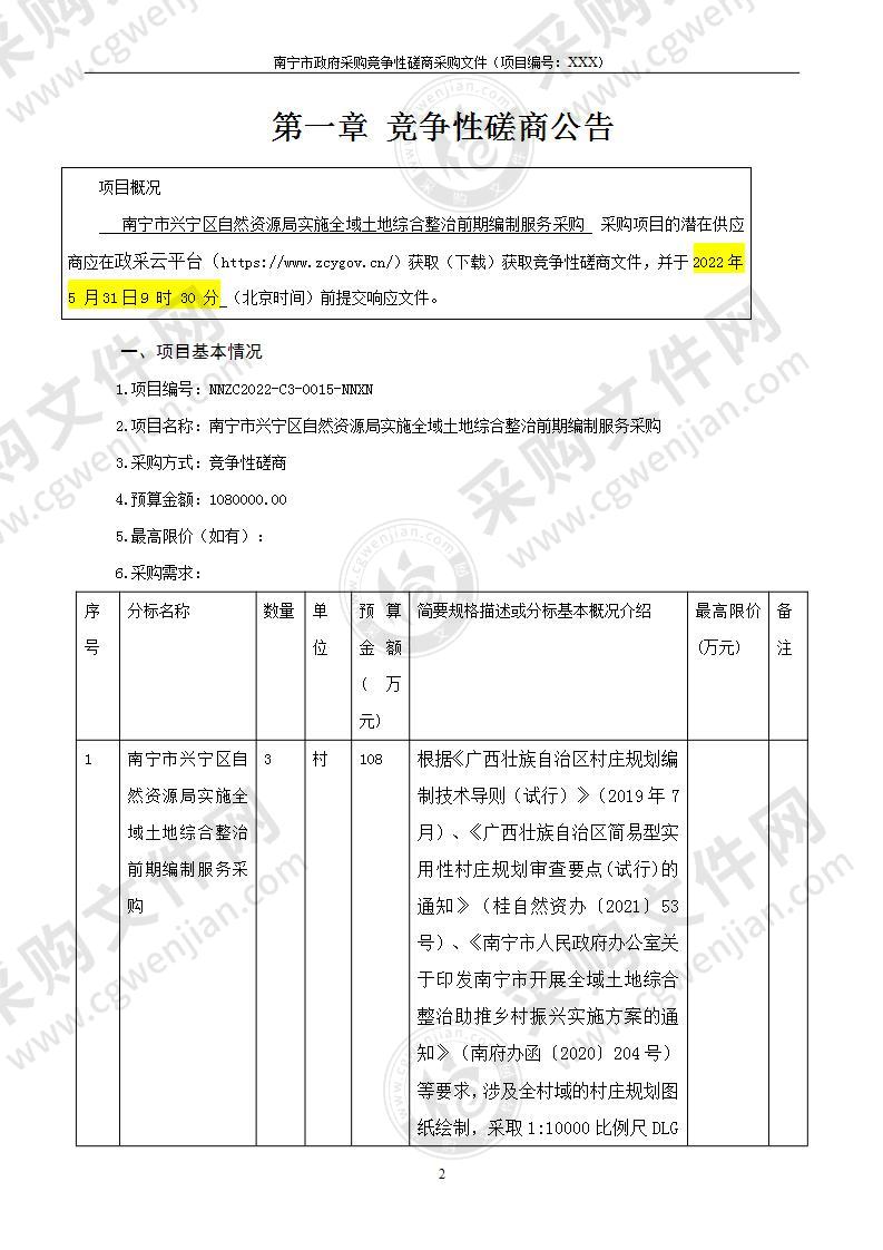 南宁市兴宁区自然资源局实施全域土地综合整治前期编制服务采购