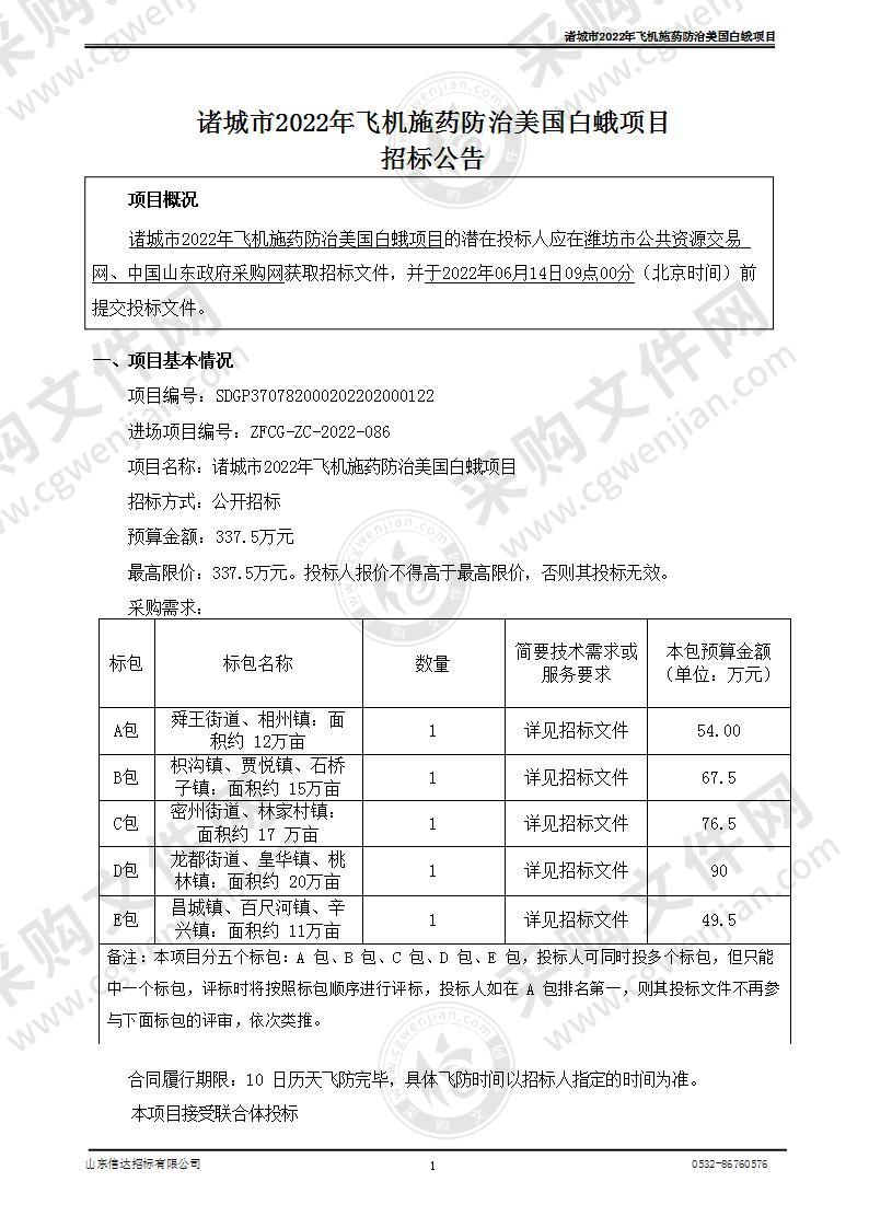 诸城市2022年飞机施药防治美国白蛾项目