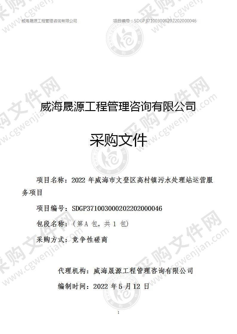 威海市文登区高村镇人民政府2022年威海市文登区高村镇污水处理站运营服务项目