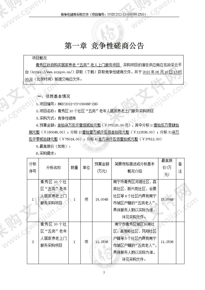 青秀区10个社区“五类”老年人居家养老上门服务采购项目