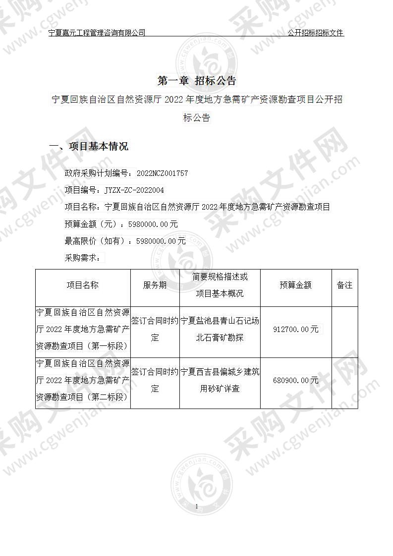 宁夏回族自治区自然资源厅2022年度地方急需矿产资源勘查项目