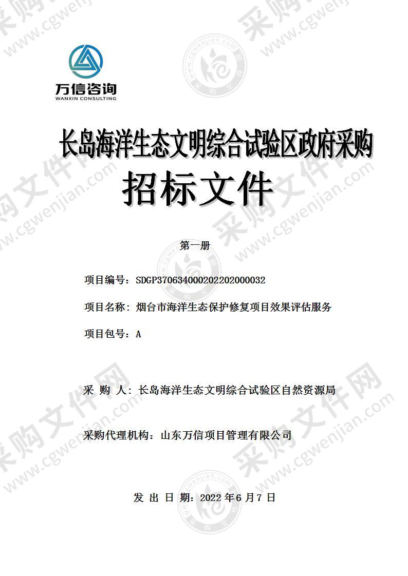 长岛海洋生态文明综合试验区自然资源局烟台市海洋生态保护修复项目效果评估服务