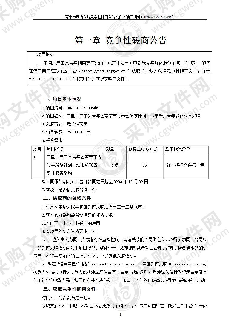 中国共产主义青年团南宁市委员会筑梦计划—城市新兴青年群体服务采购