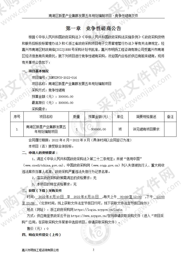 南湖区新星产业集群发展五年规划编制项目