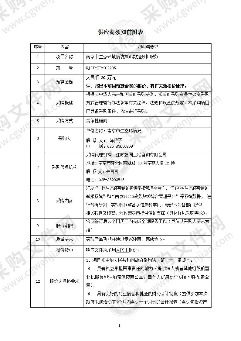 南京市生态环境信访投诉数据分析服务项目