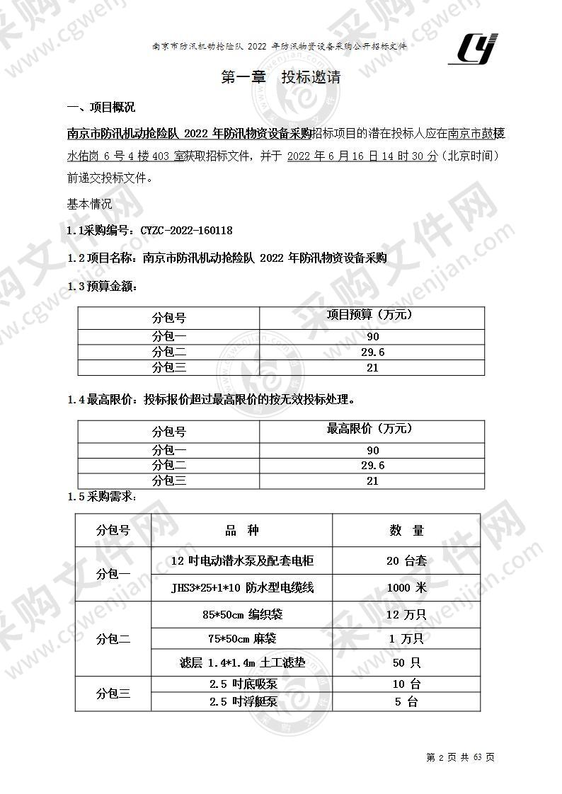 南京市防汛机动抢险队2022年防汛物资设备采购