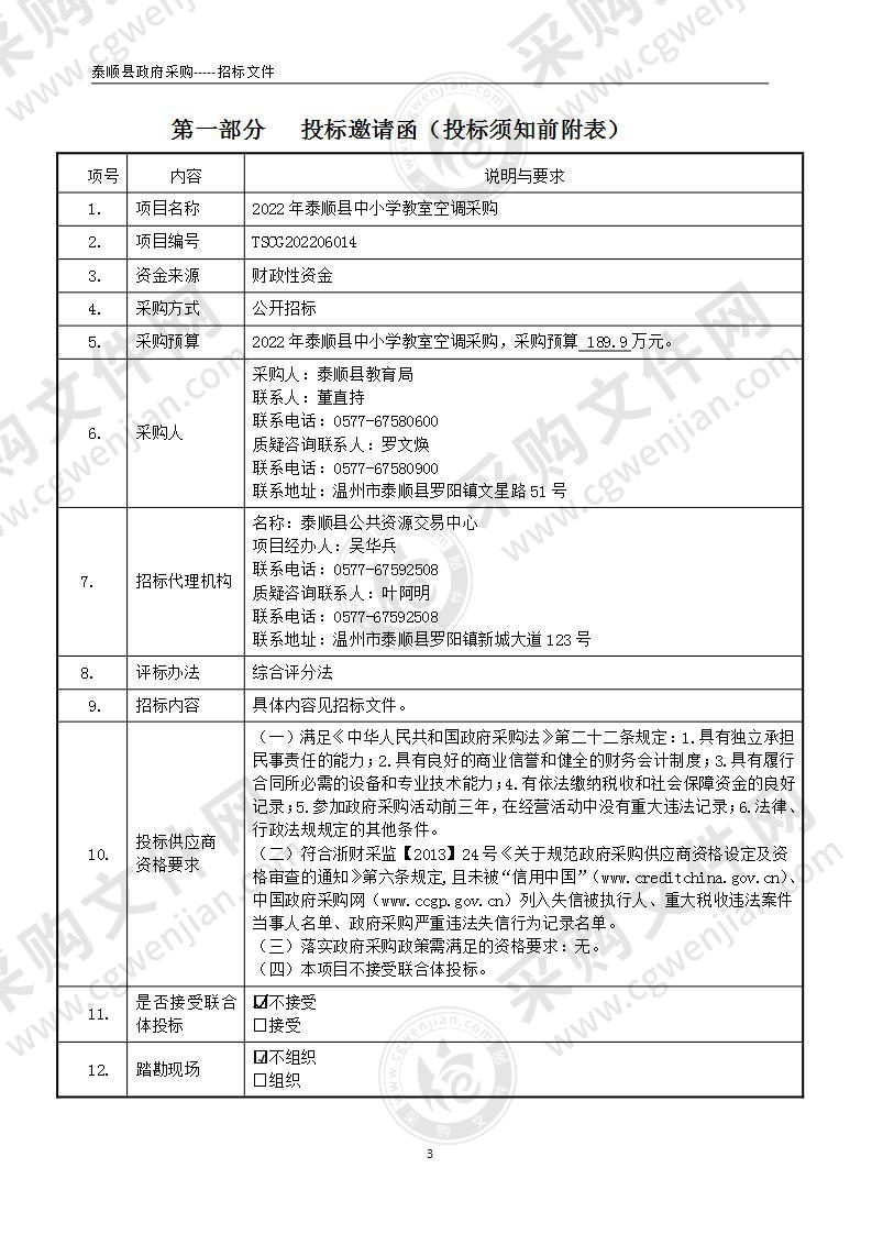 2022年泰顺县中小学教室空调采购