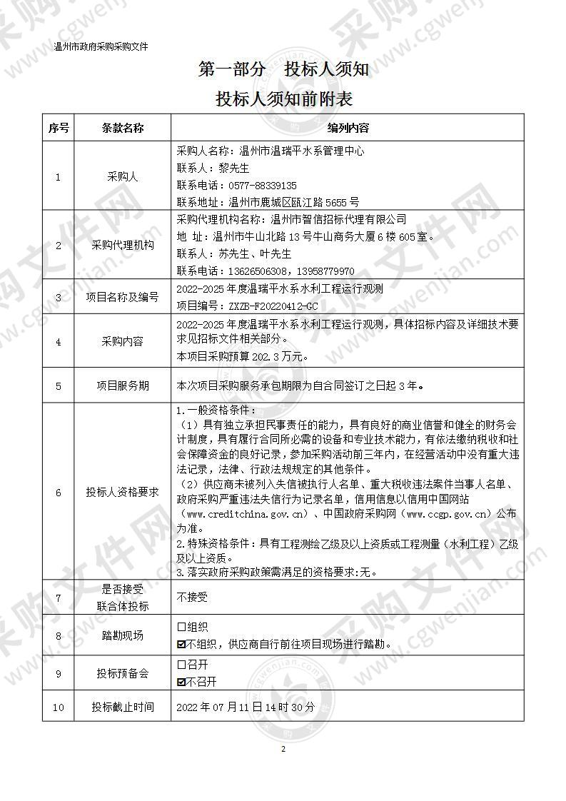 2022-2025年度温瑞平水系水利工程运行观测