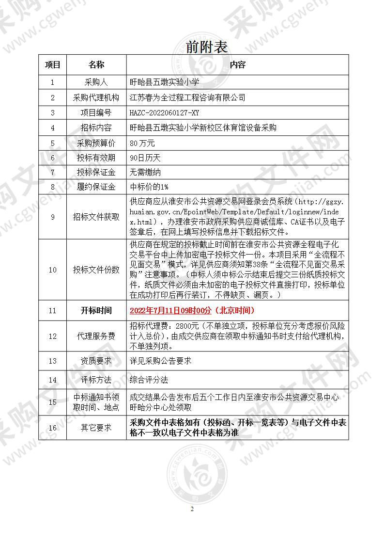 盱眙县五墩实验小学新校区体育馆设备采购