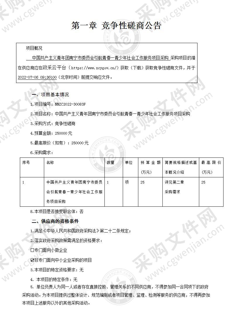 中国共产主义青年团南宁市委员会引航青春—青少年社会工作服务项目采购