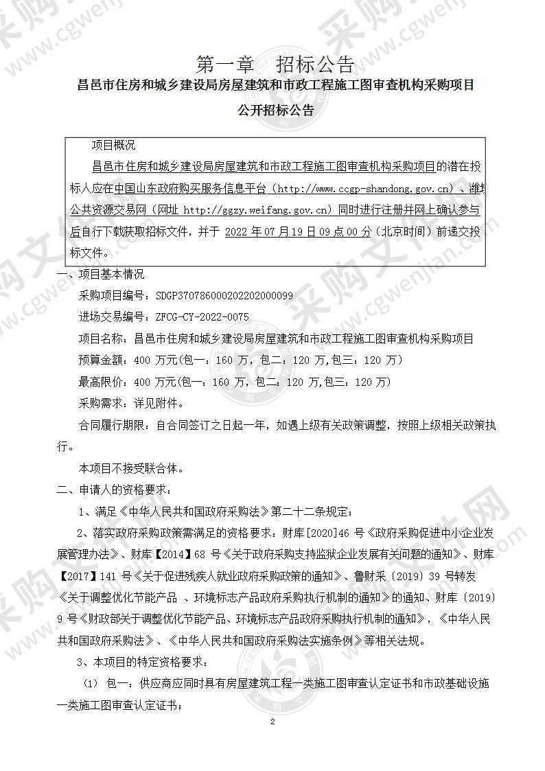 昌邑市住房和城乡建设局房屋建筑和市政工程施工图审查机构采购项目