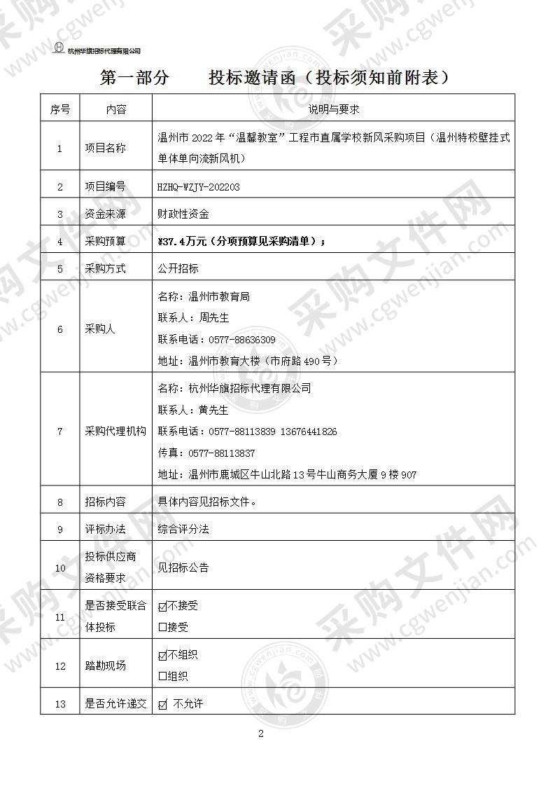 温州市2022年“温馨教室”工程市直属学校新风采购项目（温州特校壁挂式单体单向流新风机）