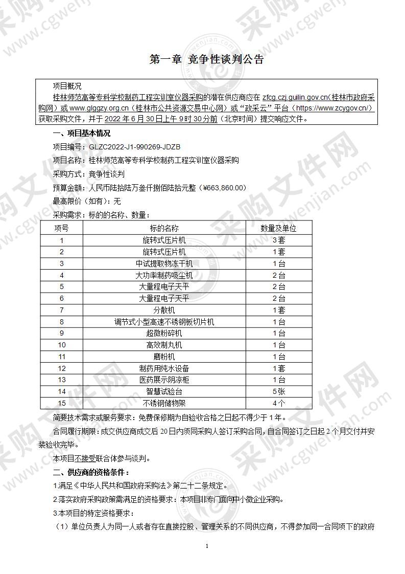 桂林师范高等专科学校制药工程实训室仪器采购