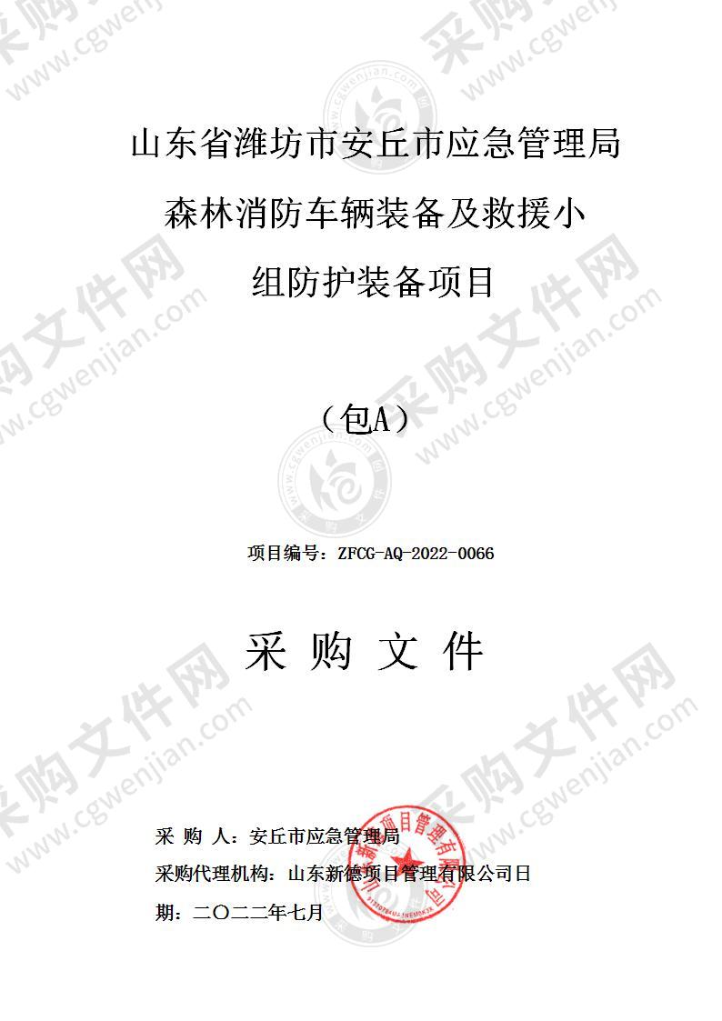 山东省潍坊市安丘市应急管理局森林消防车辆装备及救援小组防护装备项目（包A）