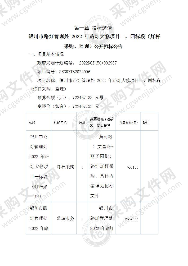 银川市路灯管理处2022年路灯大修项目一标段（灯杆采购）