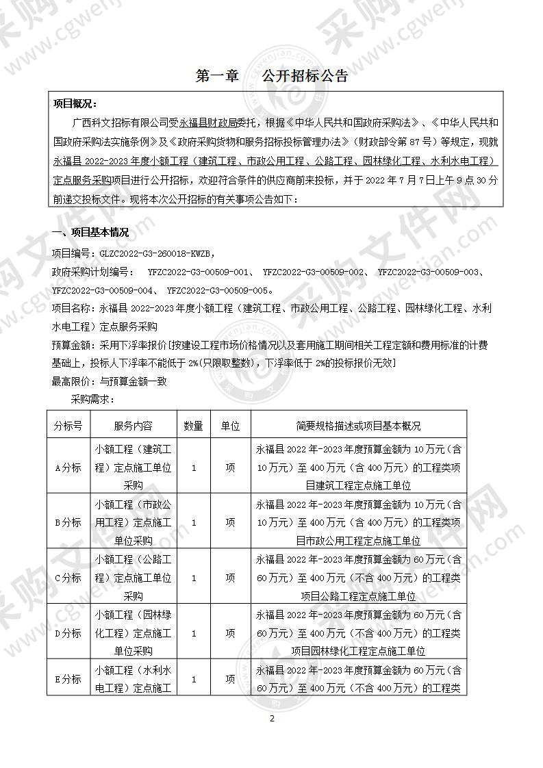 永福县2022-2023年度小额工程（房屋建设工程、市政公用工程、公路工程、园林绿化工程、水利水电工程）定点服务采购