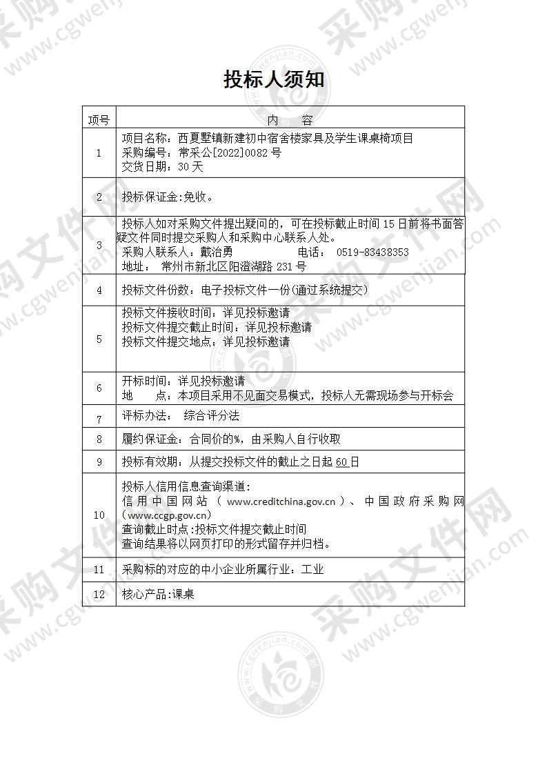 西夏墅镇新建初中宿舍楼家具及学生课桌椅项目