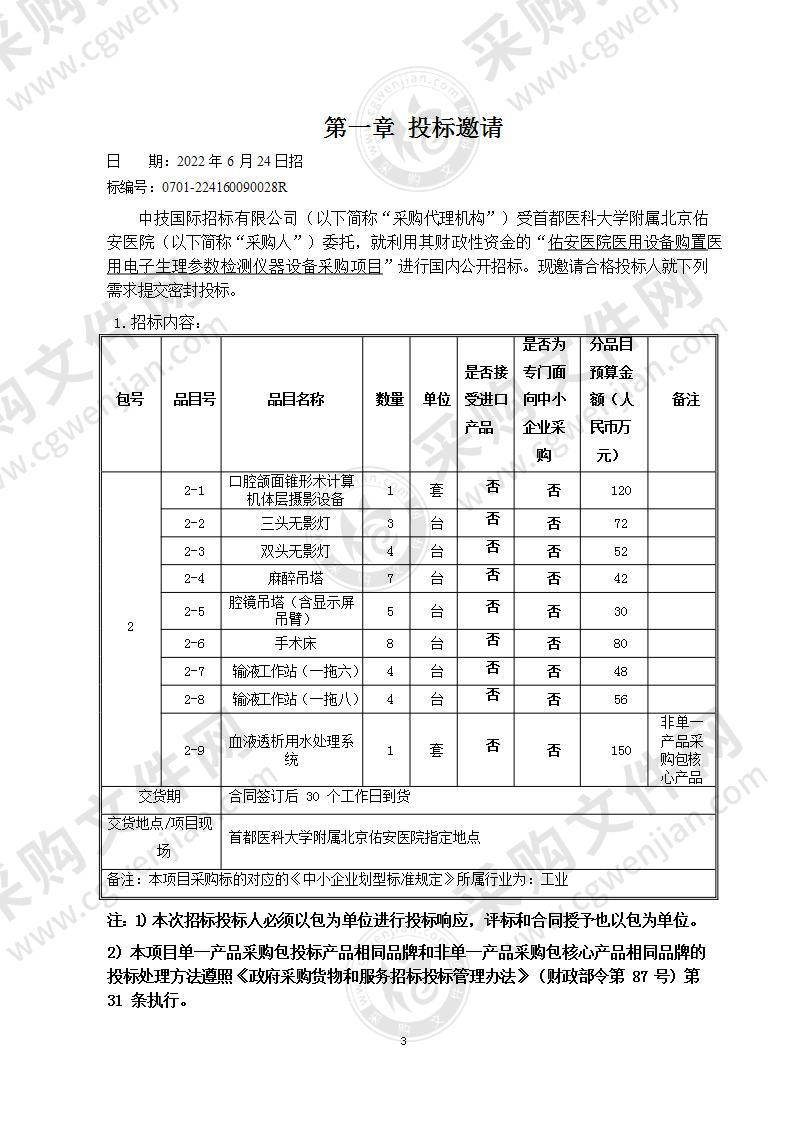 佑安医院医用设备购置医用电子生理参数检测仪器设备采购项目