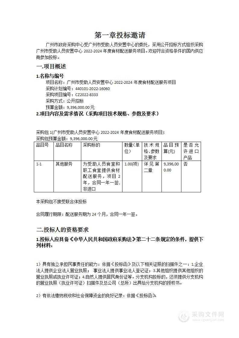 广州市受助人员安置中心2022-2024年度食材配送服务项目