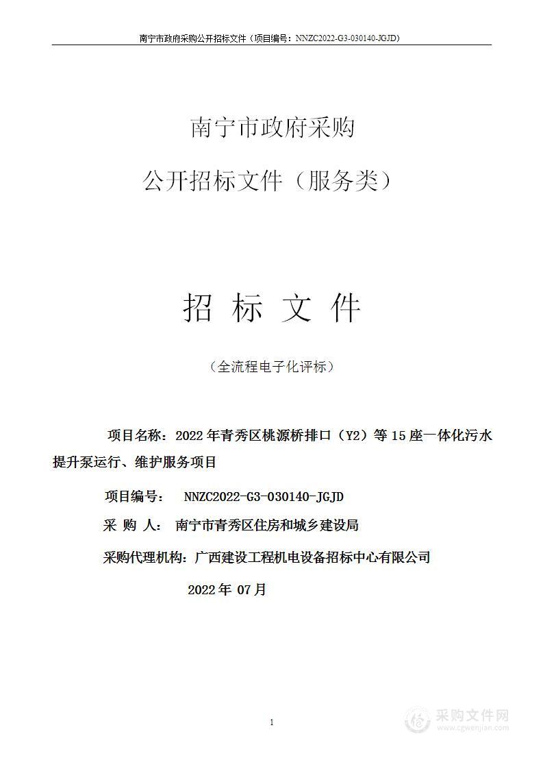 2022年青秀区桃源桥排口等15座一体化污水提升泵运行、维护服务项目